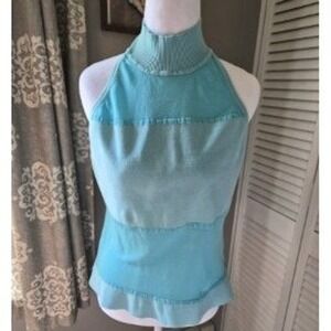 Shape fx by Newport News Women XL Aqua Blue Silk Blend Halter Mock Neck Knit Top
